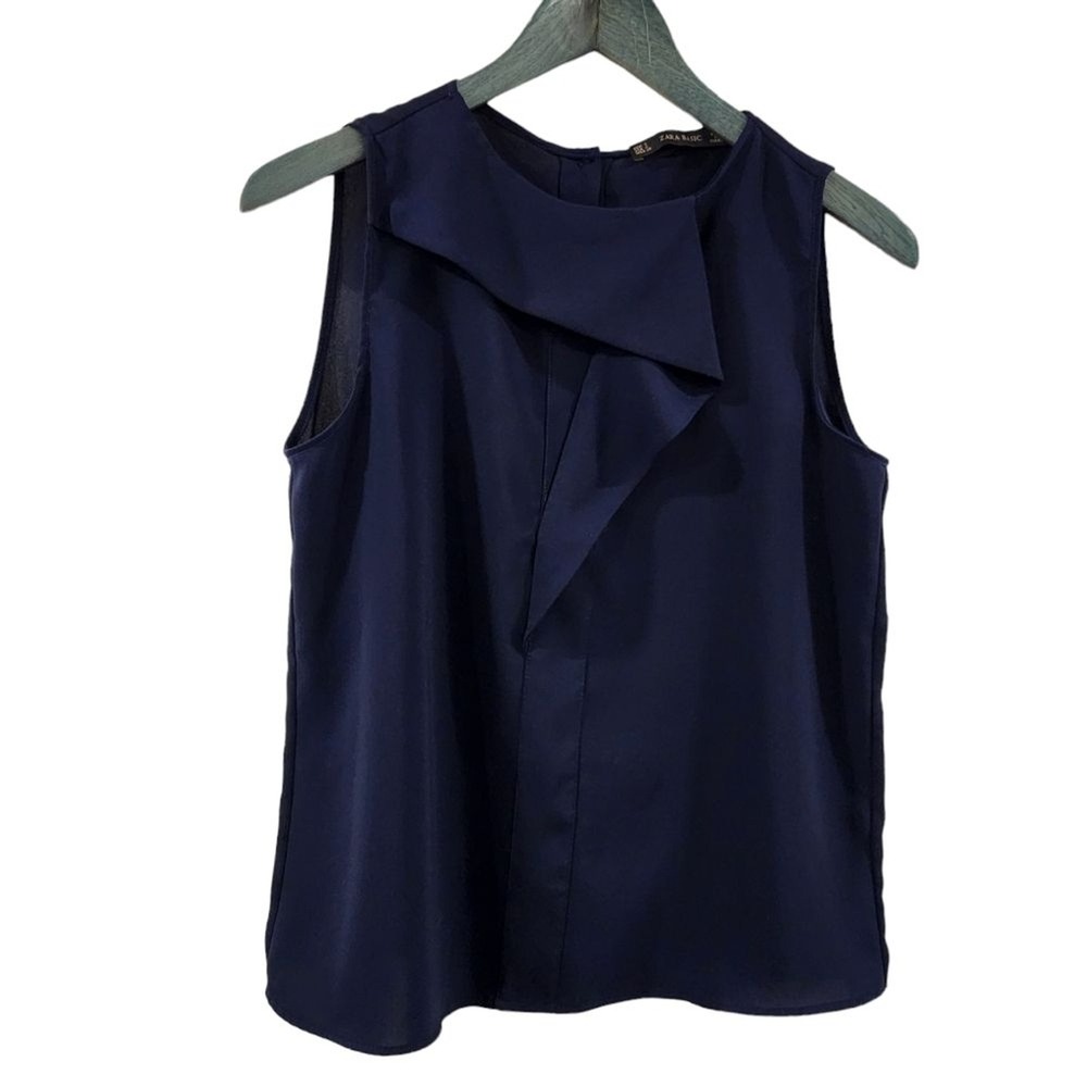 Zara Basic Womens Navy Blue Asymmetrical Draped Sleeveless Button Back Blouse S‎
